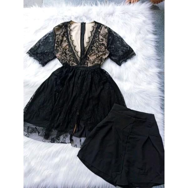 Sét Đầm Ren Cổ V Tay Ngắn Xếp Tầng Kèm Quần Đùi Nữ Women Dress Áo Kem Nhung Top 4