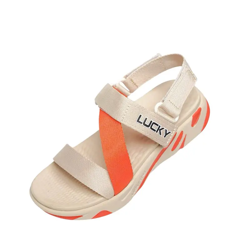 Giày Sandal Nam Nữ Đế Bằng Quai Chữ Z Lucky D050 Ver.2 Thời Trang Êm Ái Màu Begie Phối Cam 3