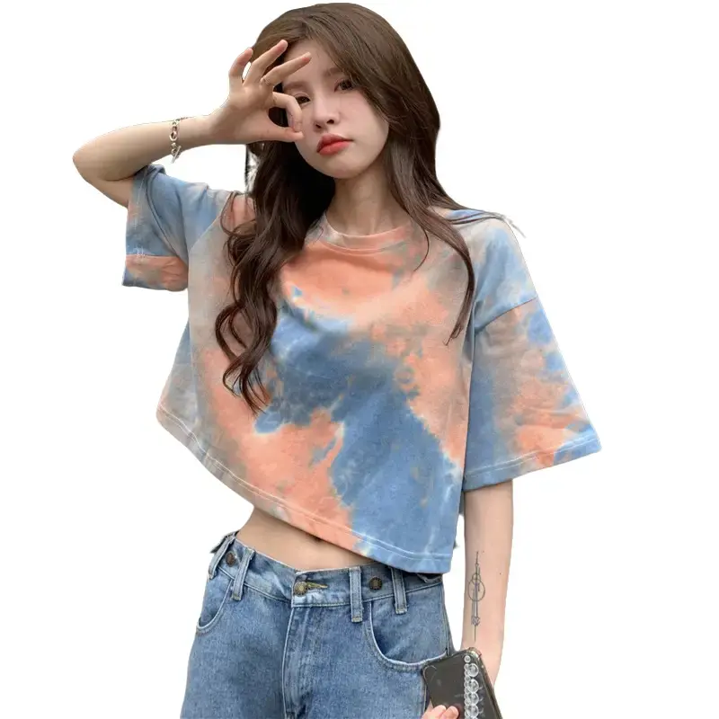 Áo Thun Ngắn Tay Tie-Dye Cho Nữ, Hàng Mới Về Mùa Hè 2024, Thiết Kế Đẹp Độc Đáo Cropped Xén, Quần Áo Hàng Đầu Cô Gái Nóng Bỏng, Thời Trang Ins Top Women Cổ Tròn Croptop Dáng Ngắn