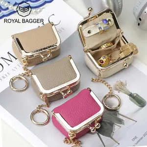 Royal Bagger Kotak Koin & Perhiasan Kiss Lock Mini Kulit Asli, Gantungan Kunci yang Dapat Dilepas, Penyimpanan untuk Cincin, Anting, Kalung