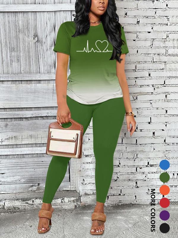 Women's Ombre Letter Print Short Sleeve Tee & Leggings Set, Casual Round Neck T-Shirt & Skinny Pants For Daily Wear, Ladies Two-Piece Outfits For All Seasons 5