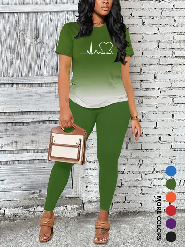 Women's Ombre Letter Print Short Sleeve Tee & Leggings Set, Casual Round Neck T-Shirt & Skinny Pants For Daily Wear, Ladies Two-Piece Outfits For All Seasons 5