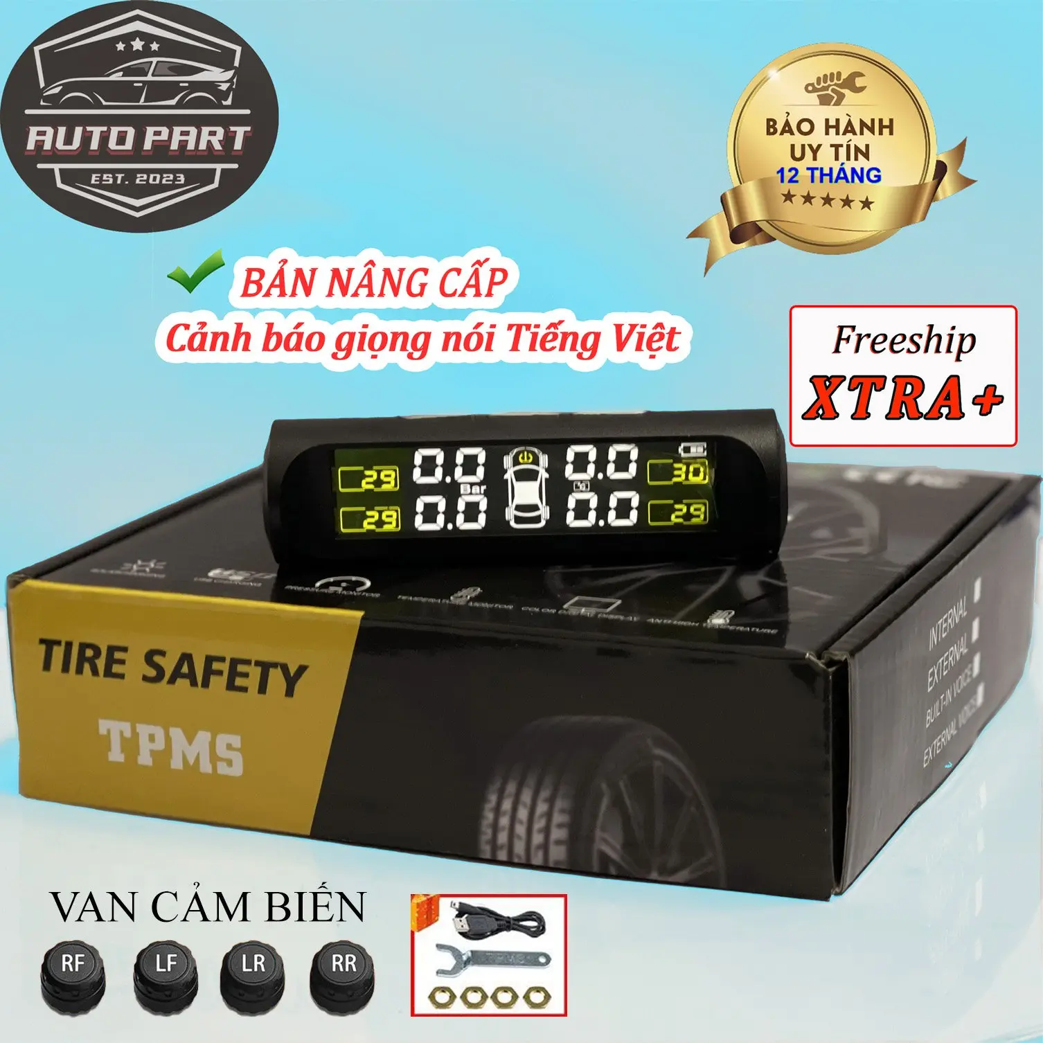Cảm biến áp suất lốp - áp suất lốp ô tô  TPMS - Pin năng lương mặt trời , Màn hình LCD * Freeship