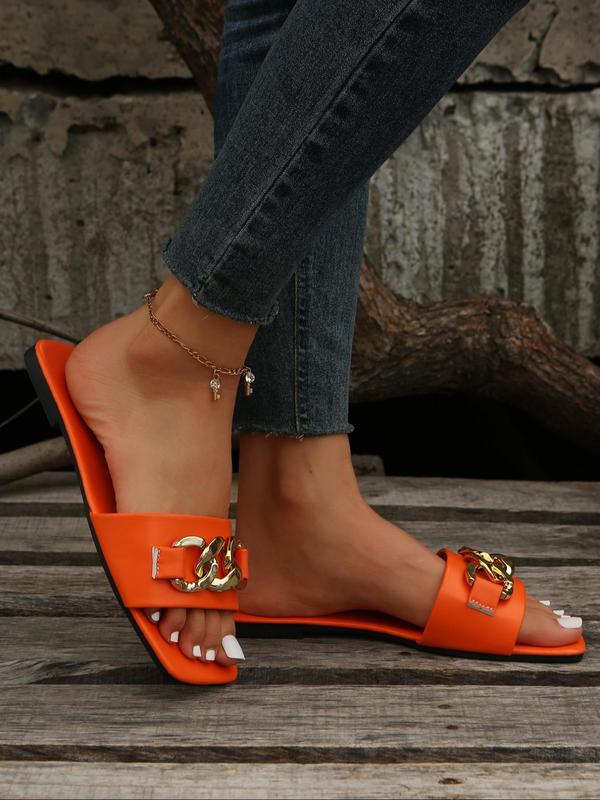 Women's Fashion Chain Design Slide Sandals, Summer 2024 Beach Vacation Square Toe Sandals for Women & Girls, Vintage Trend Slide Sandals for Daily Wear 8