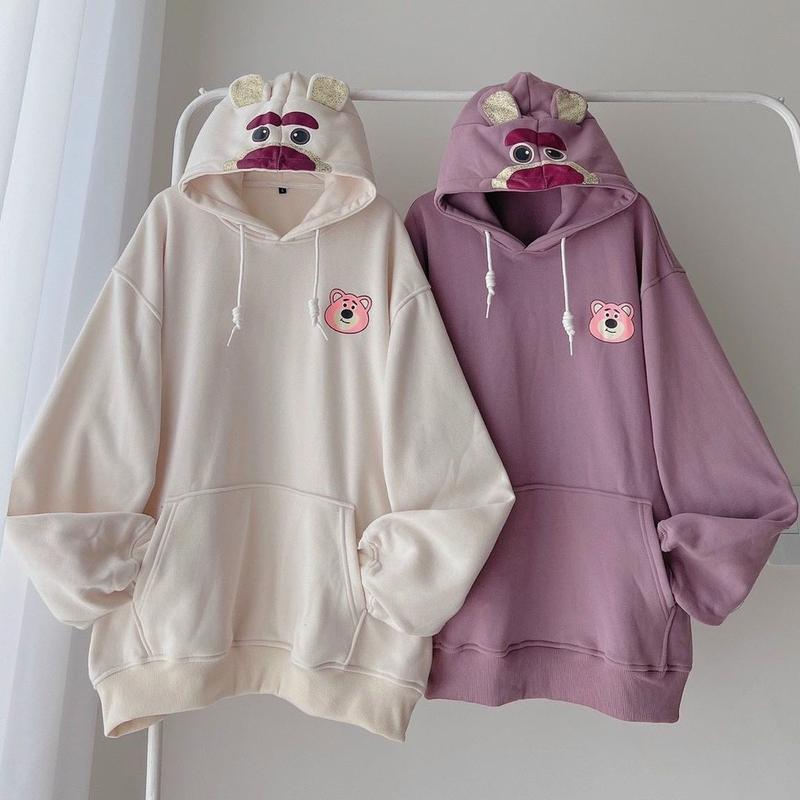 BEAR CUTE PINKY HOODIE SWEATER OVERSIZE WANITA LUCU KEKINIAN bahan fleece Basic Fit Nyaman Panjang Crewneck Tebal Oblong 0