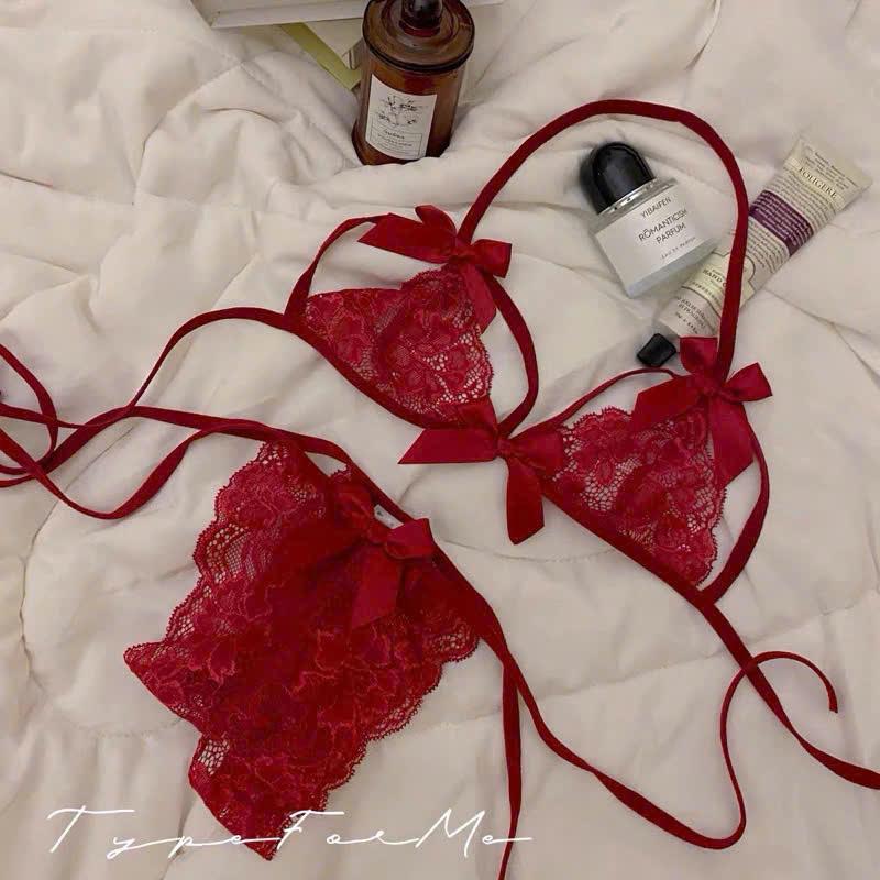 C15 - Set Bộ Đồ Lót Ren Áo Và Quần Dây Buộc, Áo Không Đệm Mút, Quần Đáy Thoáng Nữ Women