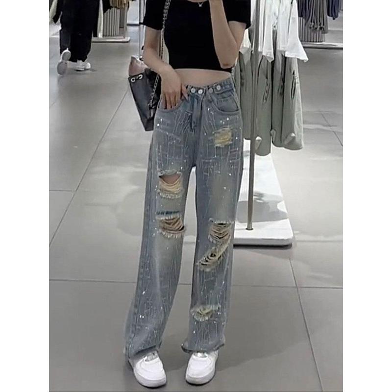 Quần Jean Rách Cạp Cao Thiết Kế Đẹp, Quần Lau Nhà Ống Rộng Thẳng Kim Cương Giả Lung Linh, Quần Thường Ngày Phong Cách Ins, Hàng Mới Về Mùa Xuân Và Mùa Thu Năm 2024 Nữ Women Lưng Cao Pants Denim
