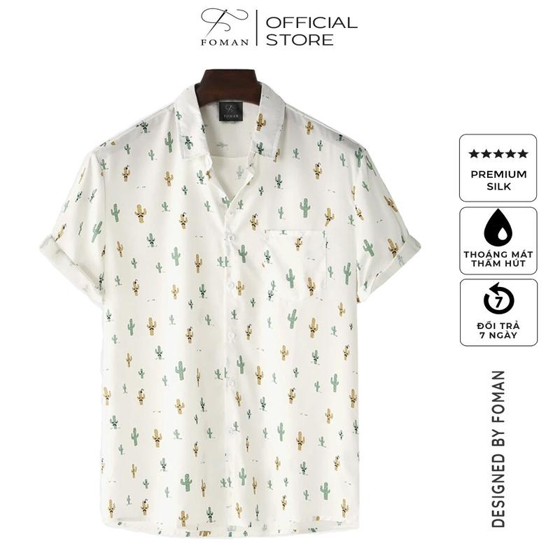 Áo sơ mi nam FOMAN tay ngắn chất vải lụa không nhăn, thấm hút, thoáng khí, hoạ tiết Xương Rồng đầy màu sắc sang trọng