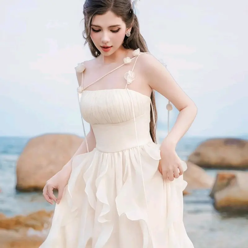 VV22 - Đầm cúp ngực 2 dây dáng dài, đầm cup ngưc thiết kế màu kem chất voan, bo chun, dây vai gắn hoa dáng bèo cho Nữ đi biển siêu xinh Dress Women 5