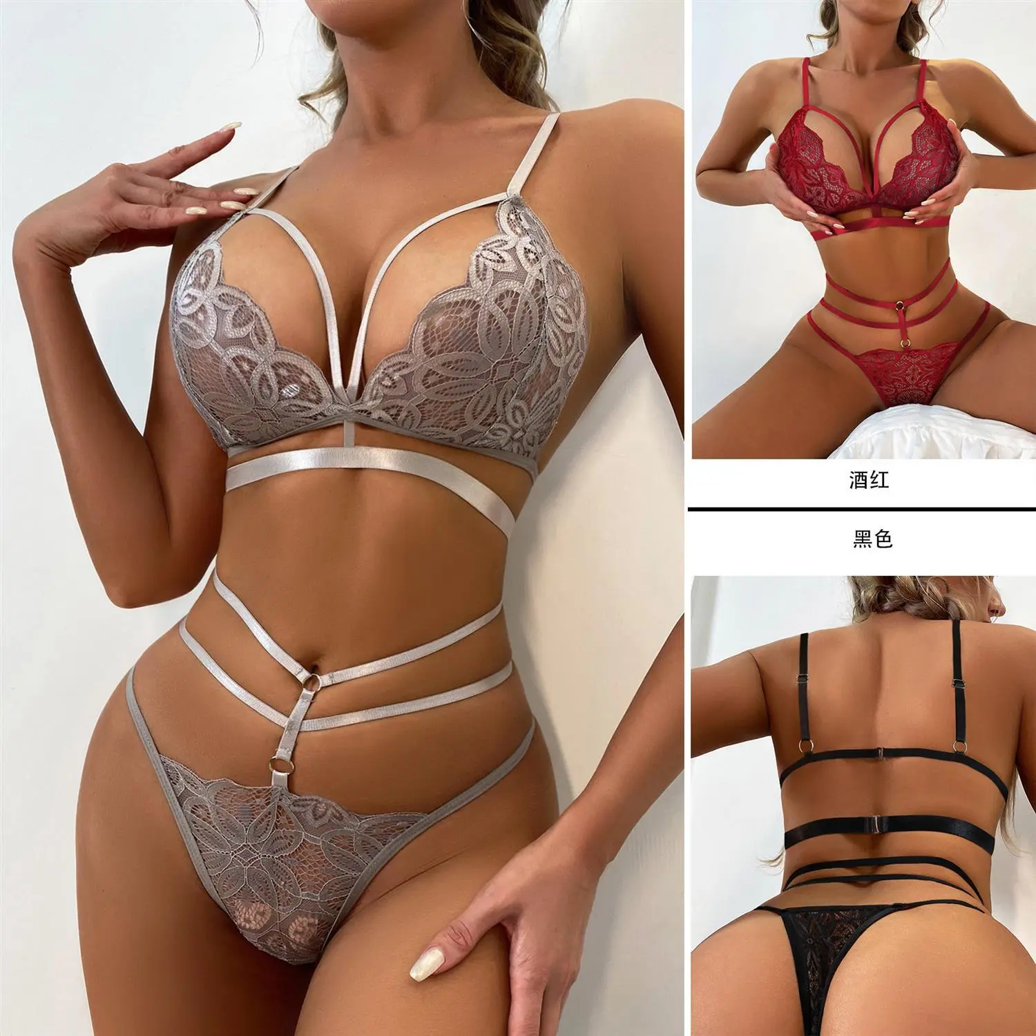 Sexy Bikini Three-Point Lace European and American Sexy Underwear Passion Two-Piece Set Hollow out See-through Suit