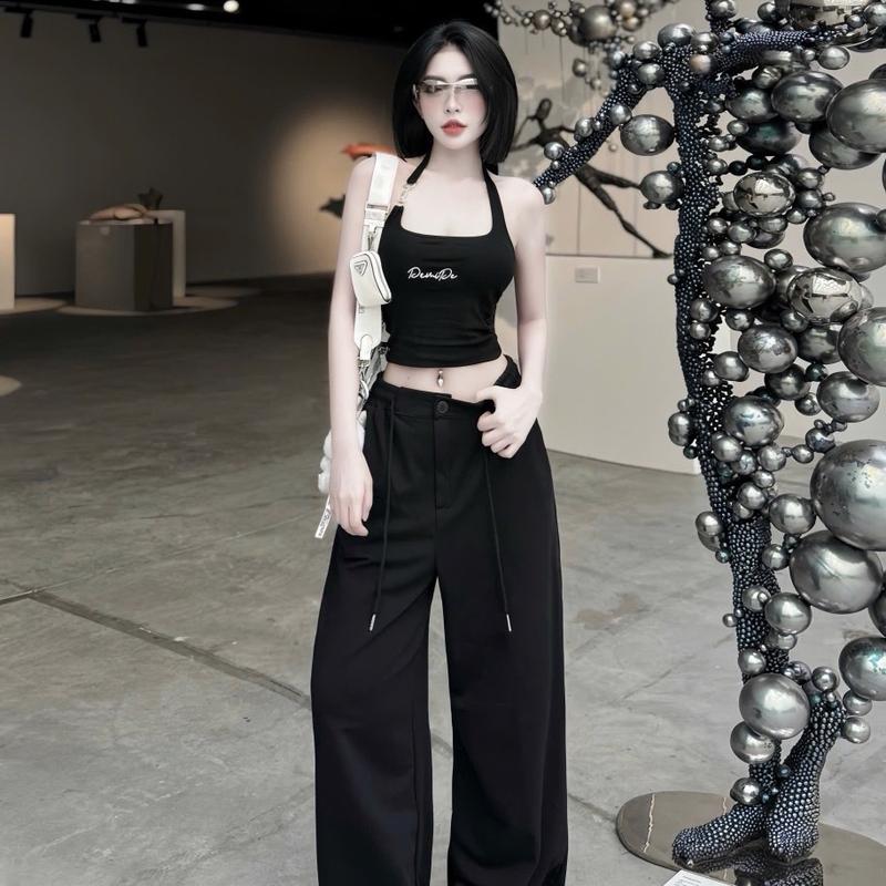 Set áo 2 dây mix quần xuông với 2 tone màu basic Nữ Kem Women Voi Trắng 2