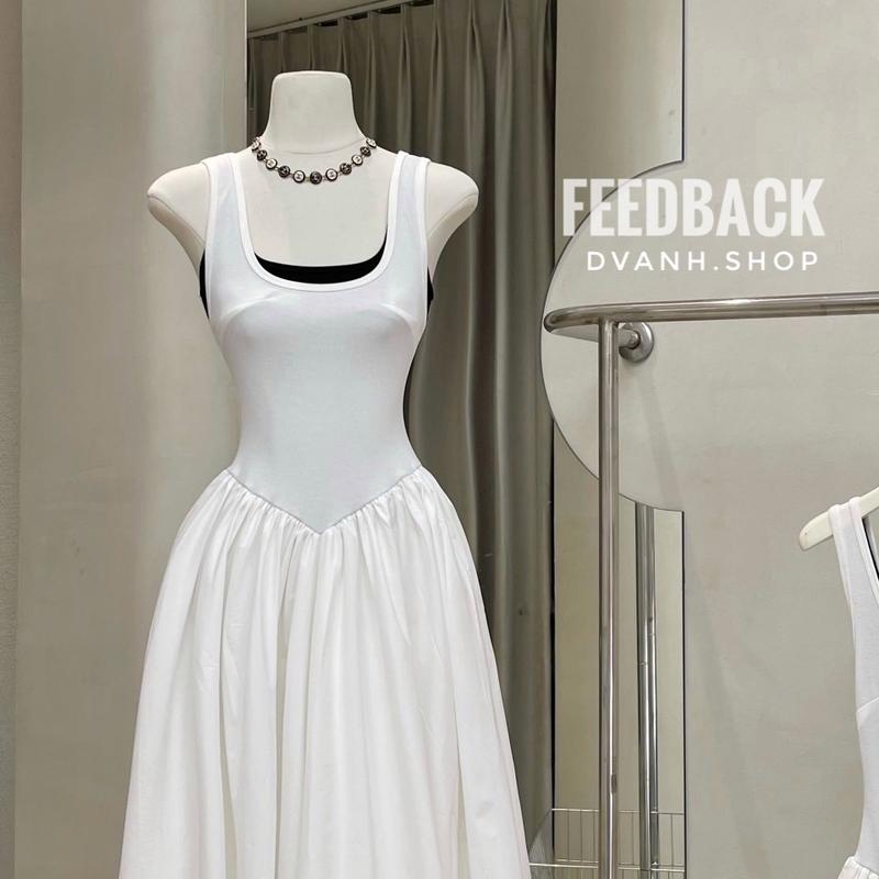 SHEEI - Váy thiết kế xoè bí hở lưng, áo 2 lớp phối trắng/đen cực tôn dáng bồng Nữ Màu Trắng Women Voi 7