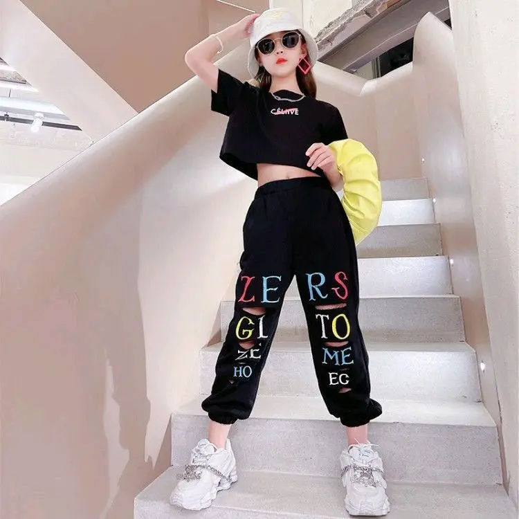 JS26 one set setelan anak perempuan atasan crop celana joger hiphop style / baju anak tanggung 7