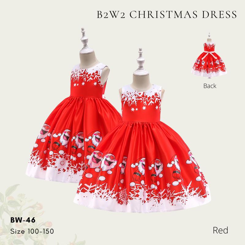 [BrandedBaby] Baju Dress Natal Anak Perempuan Satin Printing Lengan Kutung Kids Fashion 6