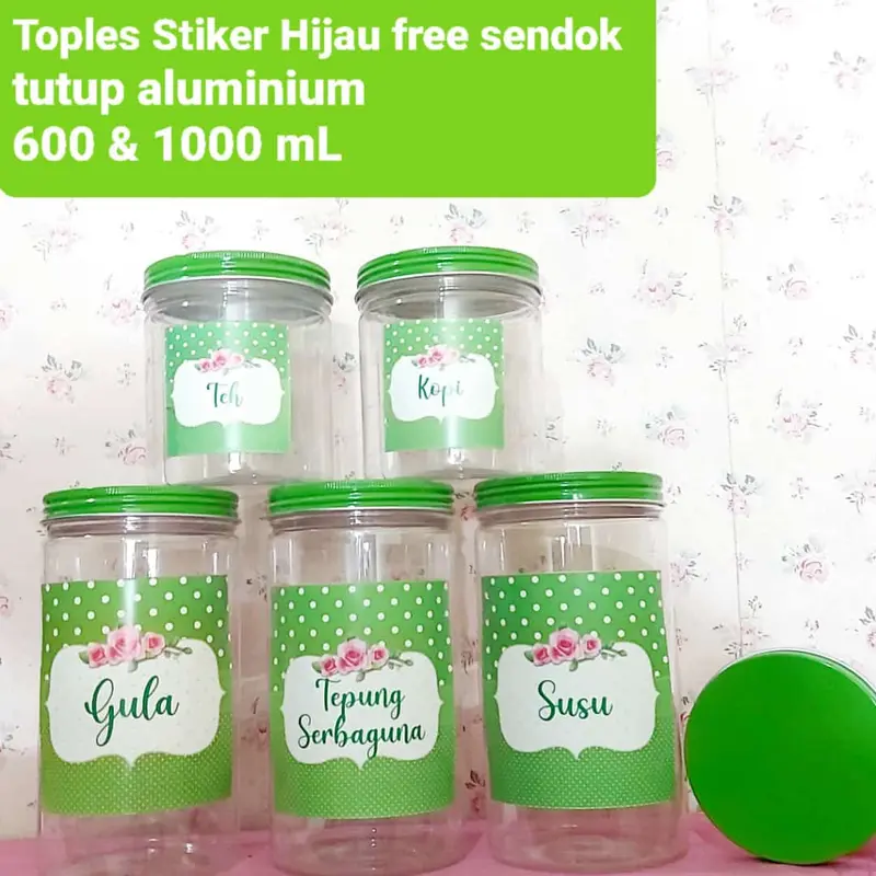 Toples bumbu hijau / toples stiker / toples tutup hijau / toples / toples gula teh kopi / toples plastik / toples stiker/ toples tepung 0