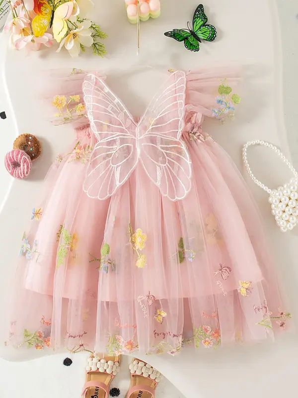 Baby Girl's Floral Embroidery Tulle Dress, Cute Butterfly Sleeve Dress for Party, Infant Toddler Kids Summer Clothes 4
