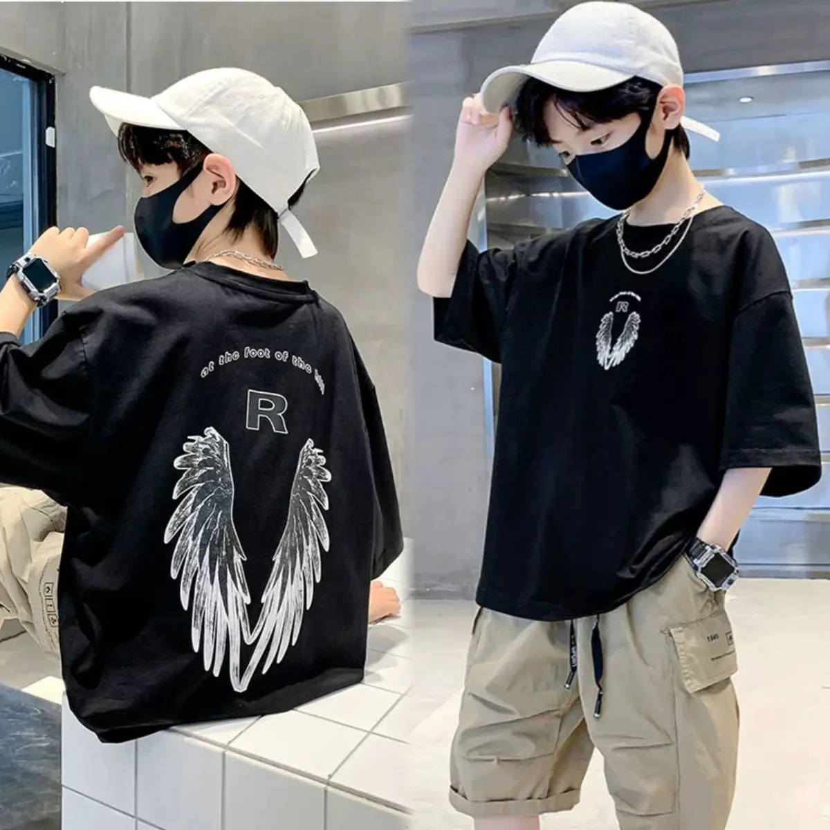 เสื้อยืดแฟชั่นเด็กสไตล์ถนนเกาหลีเสื้อยืดพิมพ์ลายปีก เสื้อยืดเด็กผู้ชายเท่ๆ เสื้อวินเทจเด็ก เสื้อพิมพ์ลายบ่าวอาร์มของเด็ก เสื้อยืดเด็ก  ผ้าฝ้ายแท้ 90-150ซม. อายุ 3-12 ปี