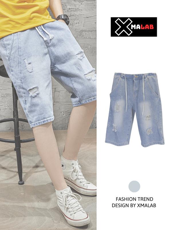 Quần short jean nam Xmalab rách đùi quần đùi bò nam cạp chun thoải mái B017 Menswear Denim Quần Lửng Pants