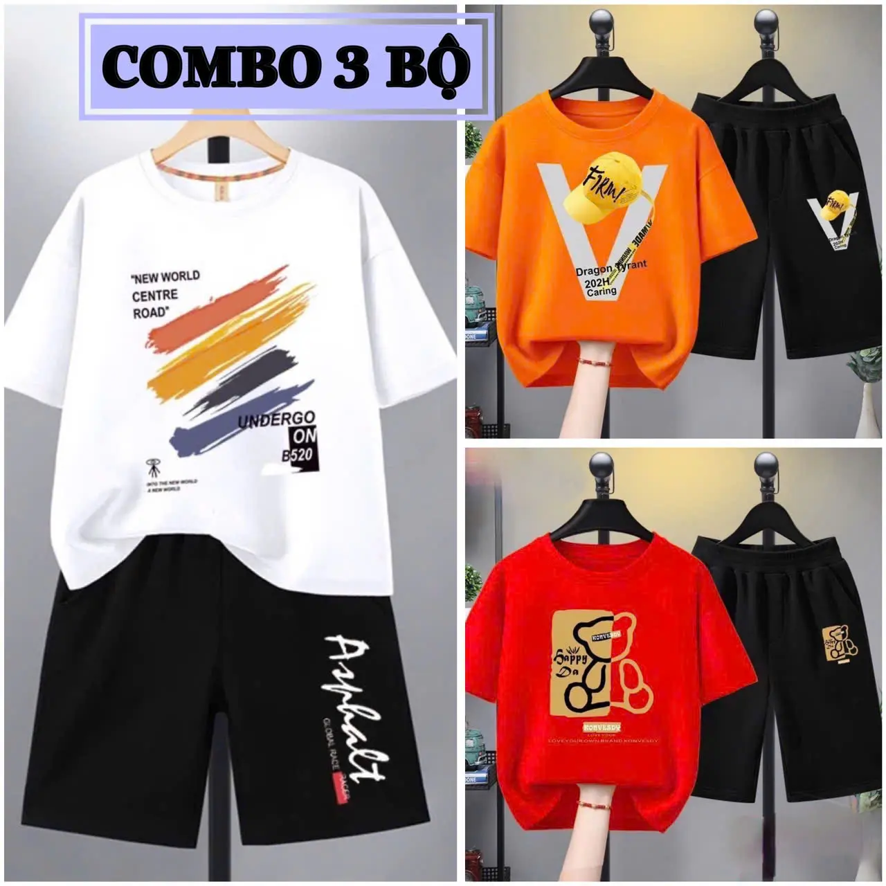 Combo 3 Bộ quần áo trẻ em nam,  bộ đồ bé trai ( có size từ 17 đến 40kg ) chất thun thái mềm mát, co giãn thấm hút mồ hôi, quần lửng, áo cộc tay.