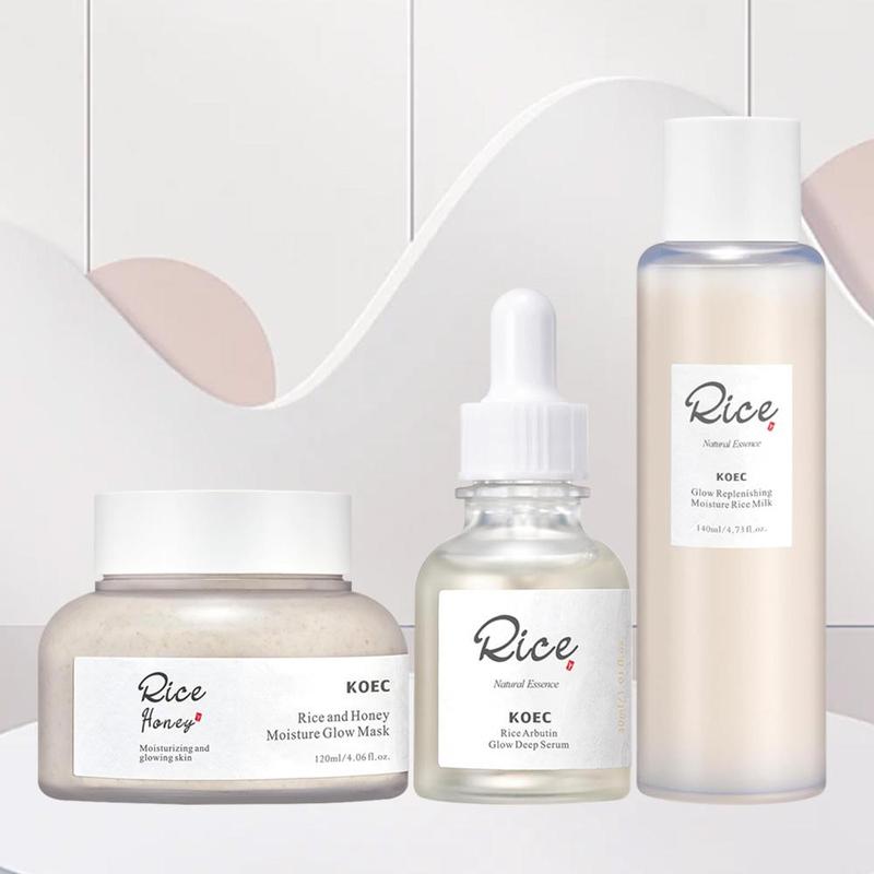 Product Introduction of Rice Extract Skin Care Kit, 3 Counts/set Moisturizing Facial Mask & Essence & Serum, Hydrating Skin Care Kit for Women & Men 0