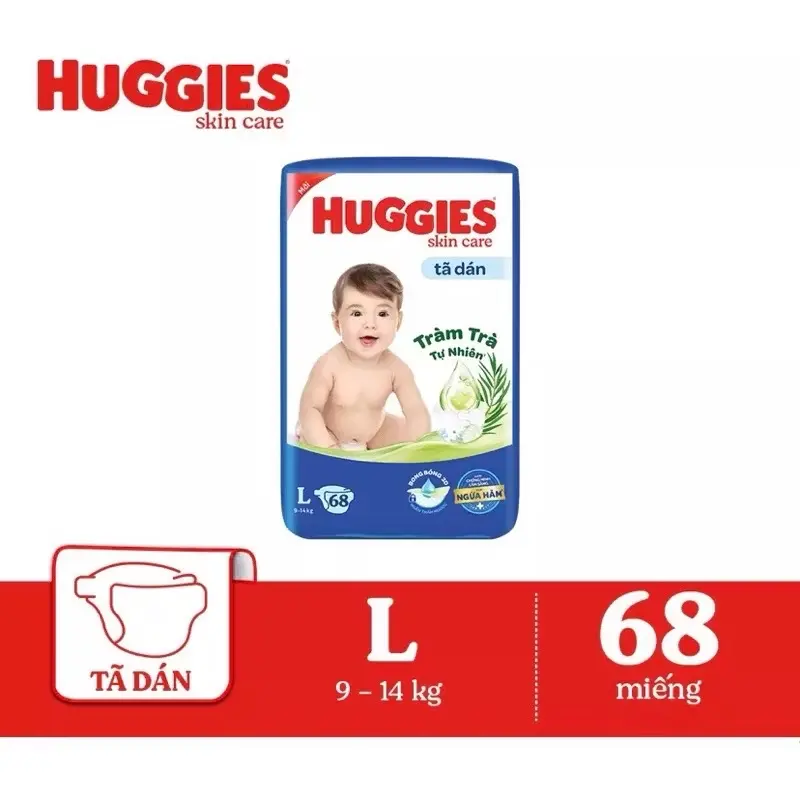 Tã dán Huggies SKINCARE tràm trà tự nhiên L68 cho bé 9-14kg