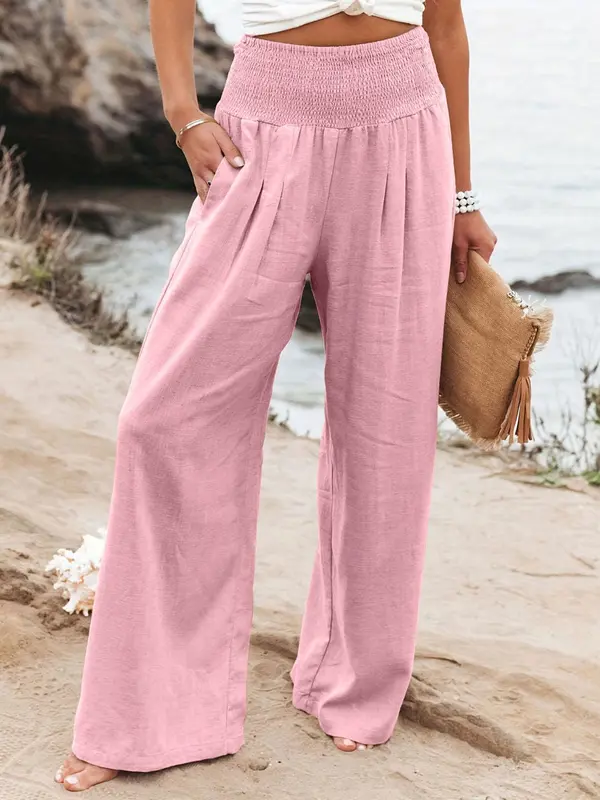 Women's Plain Pocket Shirred Wide Leg Pants, Summer Outfits 2024, Casual Comfy High Waist Straight Leg Trousers for Summer, Fashion Women's Bottoms for Daily Wear 5