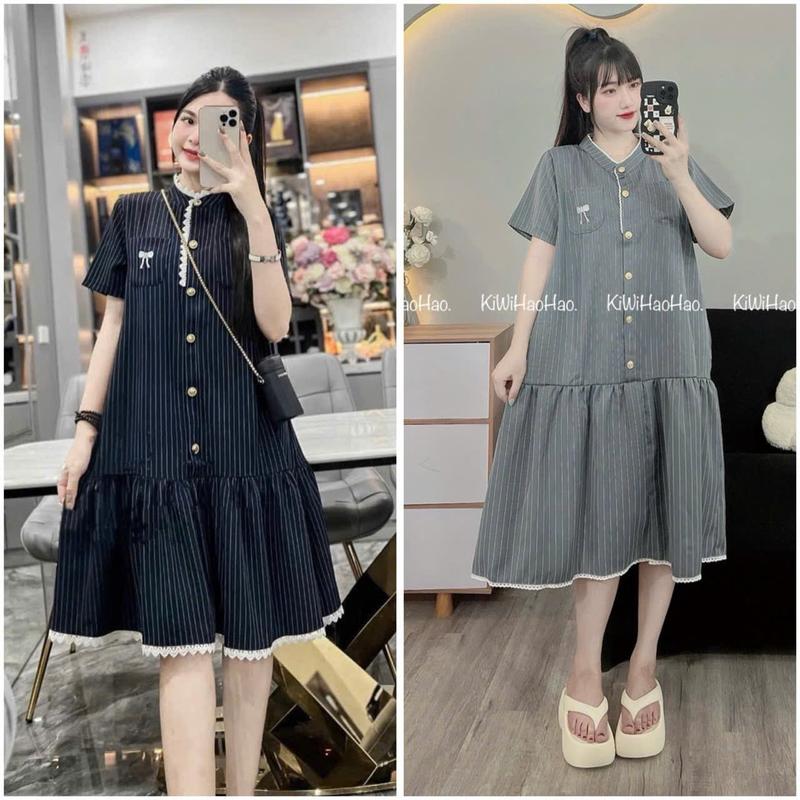 Váy Bầu Váy Sau Sinh (V169) Kẻ  Xanh- Ghi Thêu Nơ - Cổ Hoa Cúc- Dáng babydoll  ( 40-70kg). 2