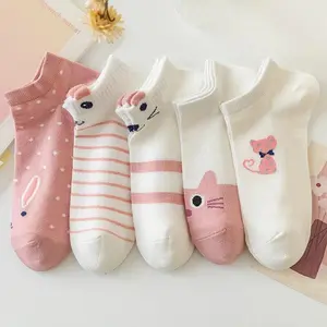 KS15 Kaos Kaki Wanita Motif Kucing Kitty Kaoskaki Fashion katun Pendek Ankle Panjang Garis Semata Bunga  Y2019