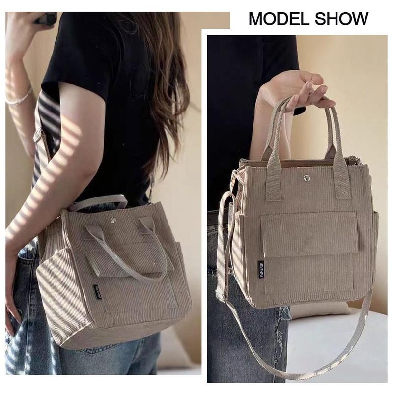 Portable Solid Color Single Shoulder Bag Multi Pocket Corduroy Messenger Bags Large Capacity Simple Versatile Crossbody Bag for Women 7
