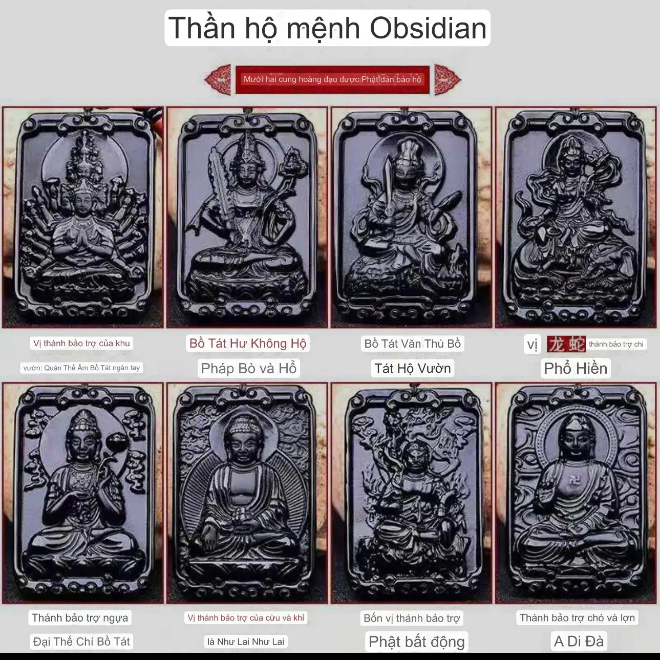 Mặt dây đeo phật bản mệnh đá Obisidian Nam Charm