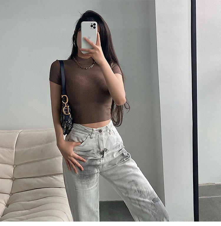 Product Introduction of Summer New European and American Basic Style Small round Neck Cropped T-shirt Stretch Tight Short Sleeve Bottoming Top for Women Lingerie Lady Streetwear Casual Minimalist Womenswear Comfort 7