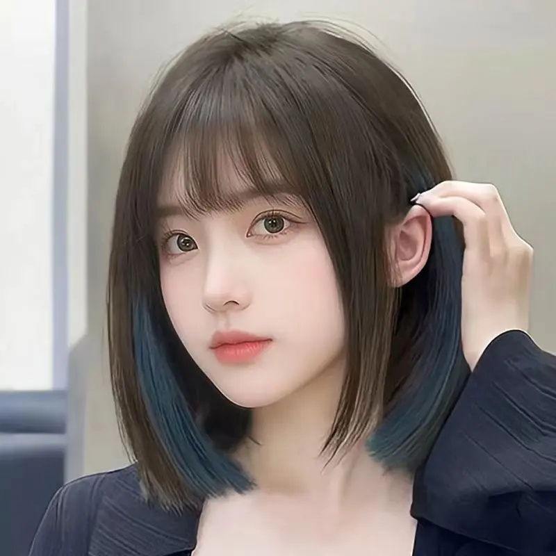 Wig female short hair natural temperament fashion new highlights smog blue wig