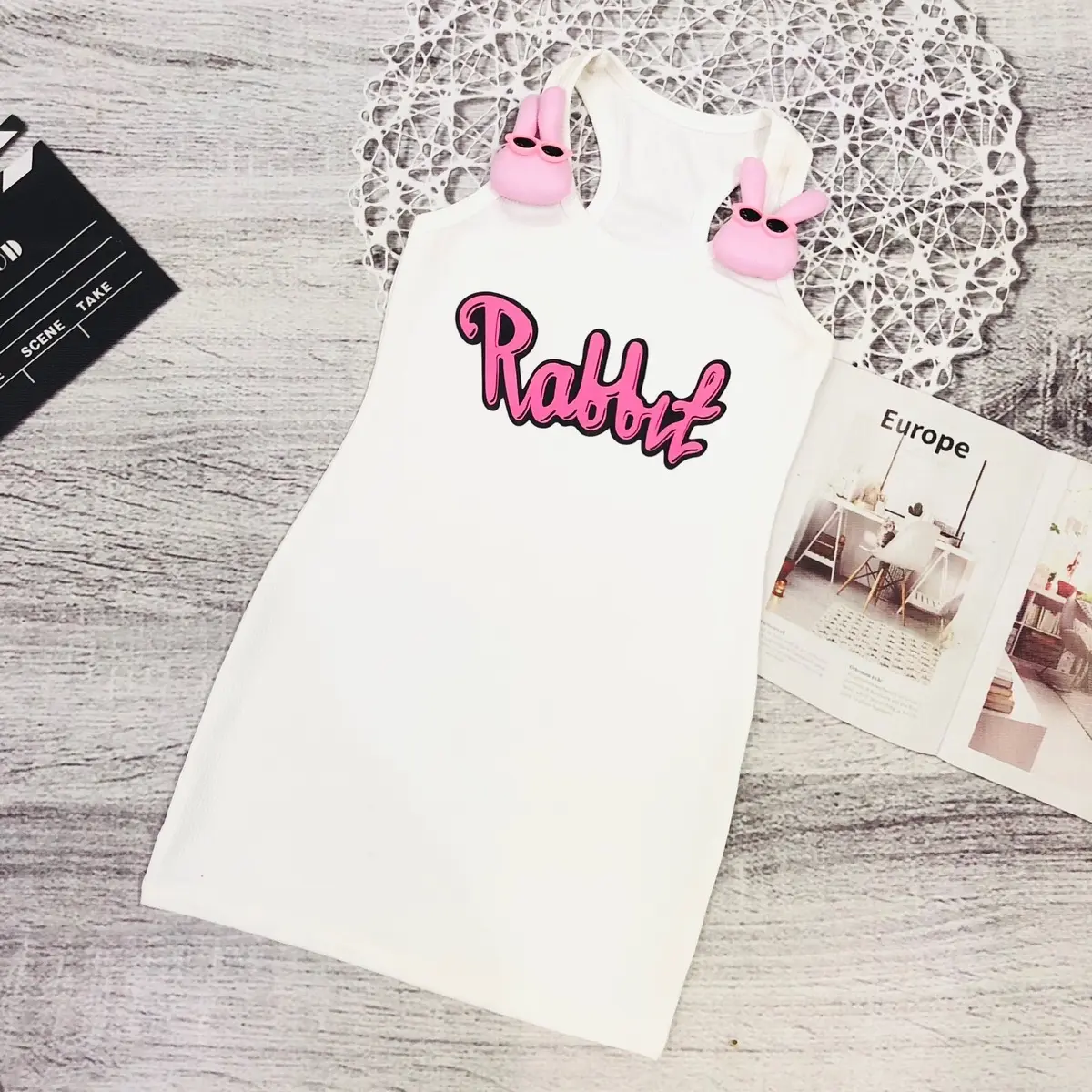 Đầm body ba lỗ,in hình,đính thỏ cho bé gái,(từ 7/26kg) Thun