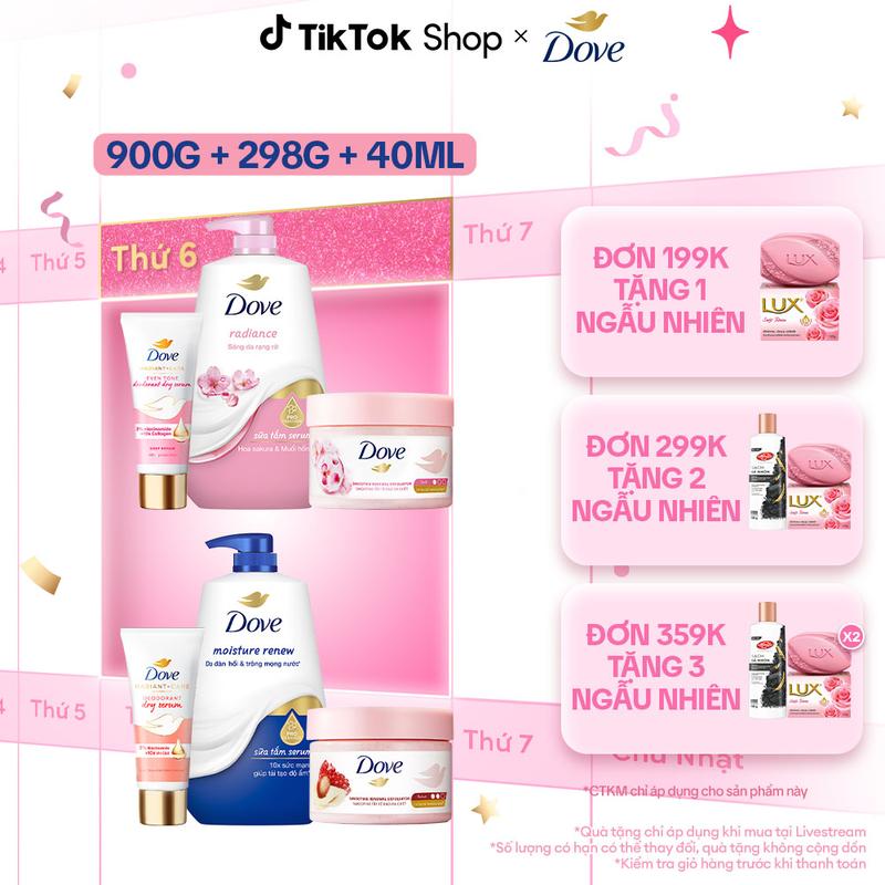 Bộ sản phẩm chăm sóc da toàn diện - Sữa tắm dưỡng thể Dove 900g + Smoothie Tẩy Da Chết 298g+ Dove Serum dưỡng sáng khử mùi 40ml - Hương Hoa Anh Đào [1]