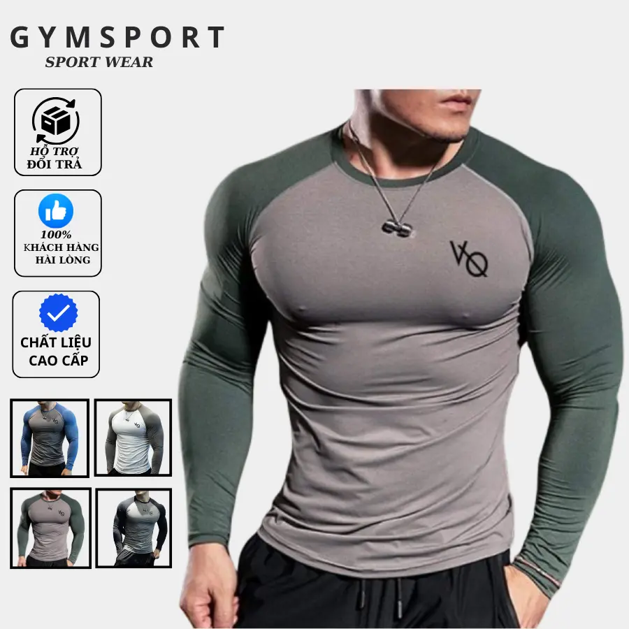 Áo  Thể Thao Nam VQ Sport Phối Màu  thun lạnh tập gym cổ tròn dài tay vải thoáng mát co giãn chuẩn form Nam Tính Top Áo Thun Tập Aerobic Đồng Tập Thể Dục