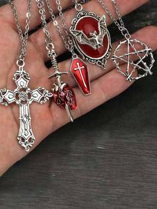 Set de 5 piezas de Collares con Colgantes Estilo Punk Vintage Y2K de Murciélago, Féretro, Flecha, Corazón Rojo y Estrella Cruzada, Cadena de Acero Inoxidable, Set de Regalo de Halloween