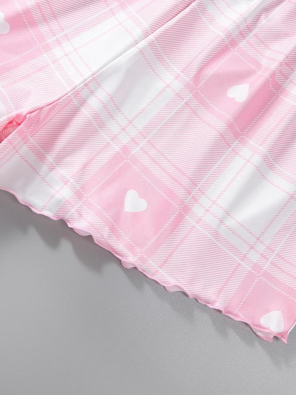 Two-Piece Set Women's Letter Print Lettuce Trim Pyjama Set, Cute Crop Cami Top & Plaid Print Bow Shorts, Women's Sleepwear Wear For Summer 4