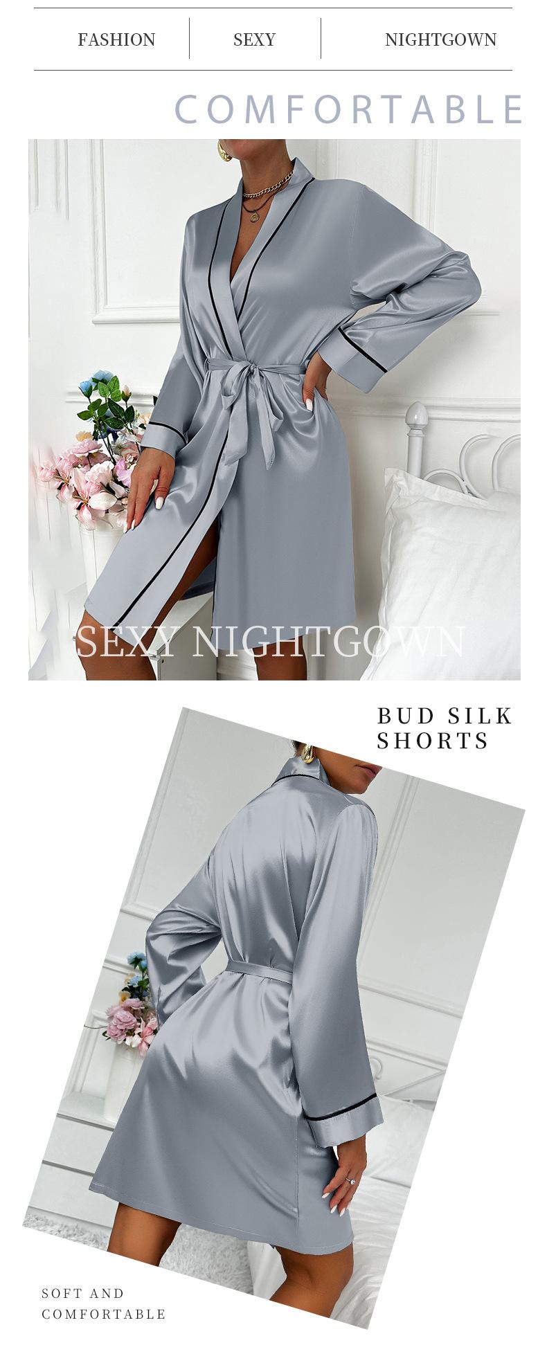 Product Introduction of 2025 Simple Four Seasons Long Sleeve Robe Cardigan Tie Women'S Bathrobe Loungewear European And American Style Imitation Silk Pajamas 9