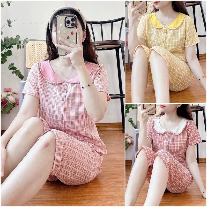 (Châu Jolie)bộ mặc nhà cổ sen phối bèo quần lửng áo cộc