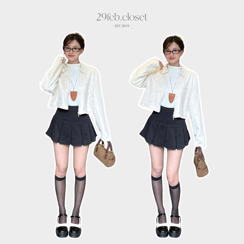 Áo Khoác Da Lộn Dài Tay 2 Lớp Nữ Croptop 29feb.closet Phong Cách Hàn Quốc Thời Trang Thu Đông - A504 Jacket Women Kem Ghi