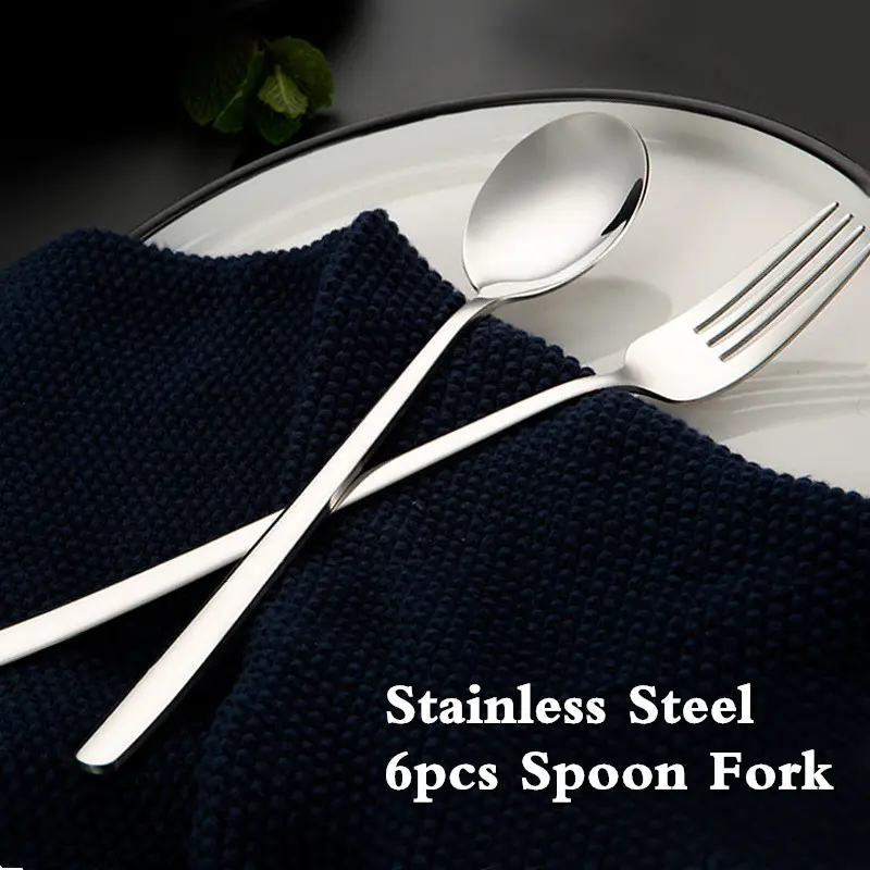 6pcs Spoon Fork Stainless Steel Sliver Dinnerware Korean Spoon Korean Fork Spoon Dessert Cutlery Set Tableware   scoop Bowl Plates