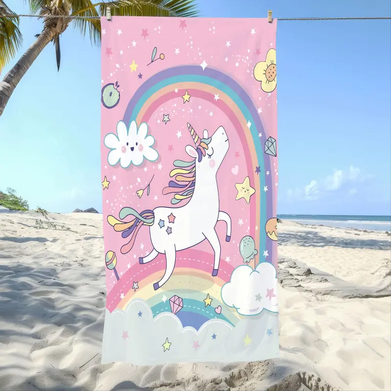 Cartoon Unicorn Pattern Beach Towel, Soft Absorbent Towel, Lightweight Quick Drying Towel for Travel, Swimming, Surfing, Outdoor Activities 0