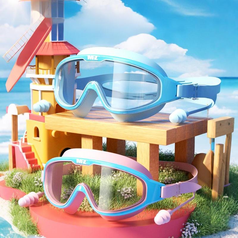 Children's Swimming Goggles & Swimming Cap & Goggles Case, Wide Viewing Angle Anti-fog UV Shattering Lens, Suitable for Children Aged 3-6/6-15 7