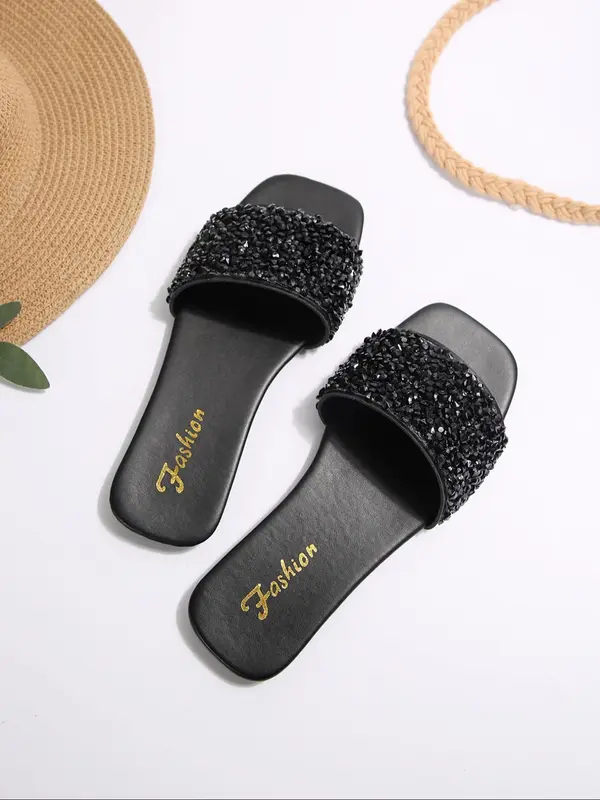 Women's Rhinestone Decorated Slide Sandals, Casual Slippers, Comfortable Flat Sandals for Beach Vacation, Fashionable Shoes for Daily Wear 3