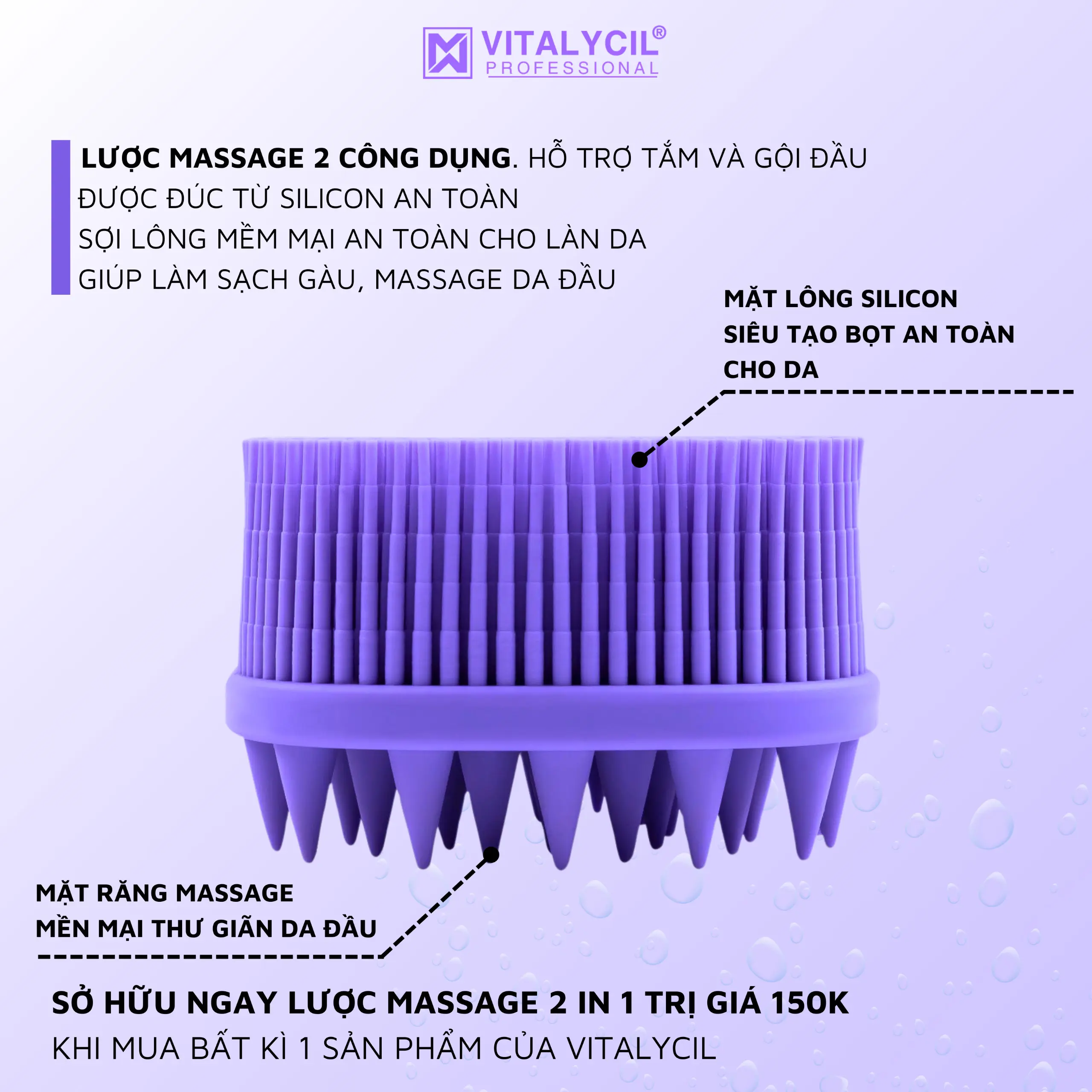(Quà tặng) Lược Gội Đầu, Lược Tắm Gội 2in1 VITALYCIL Đa Năng Làm Sạch Da Đầu, Lưu Thông Máu Huyết, Làm Sạch Body