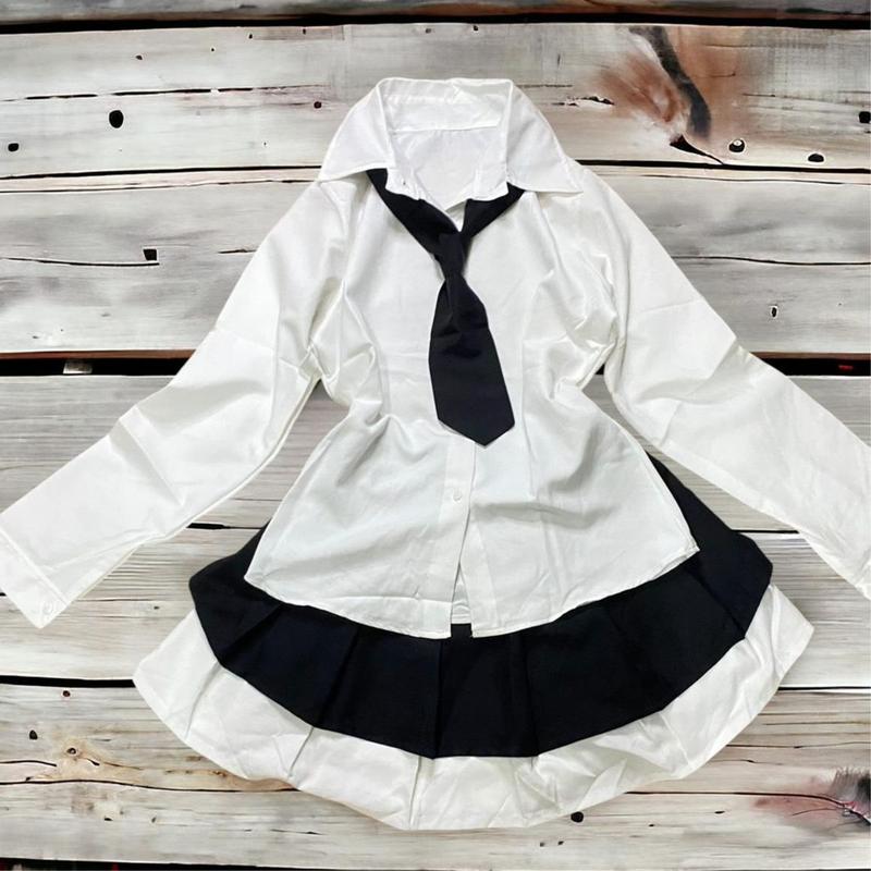 Bộ áo sơ mi cà vạt chân váy xoè cạp cao Nữ Women