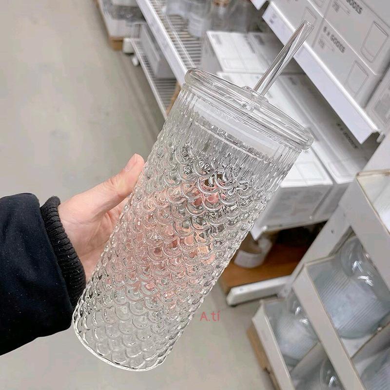 cốc thủy tinh vảy cá trong suốt kèm ống hút, có nắp cách nhiệt dung tích 650ml