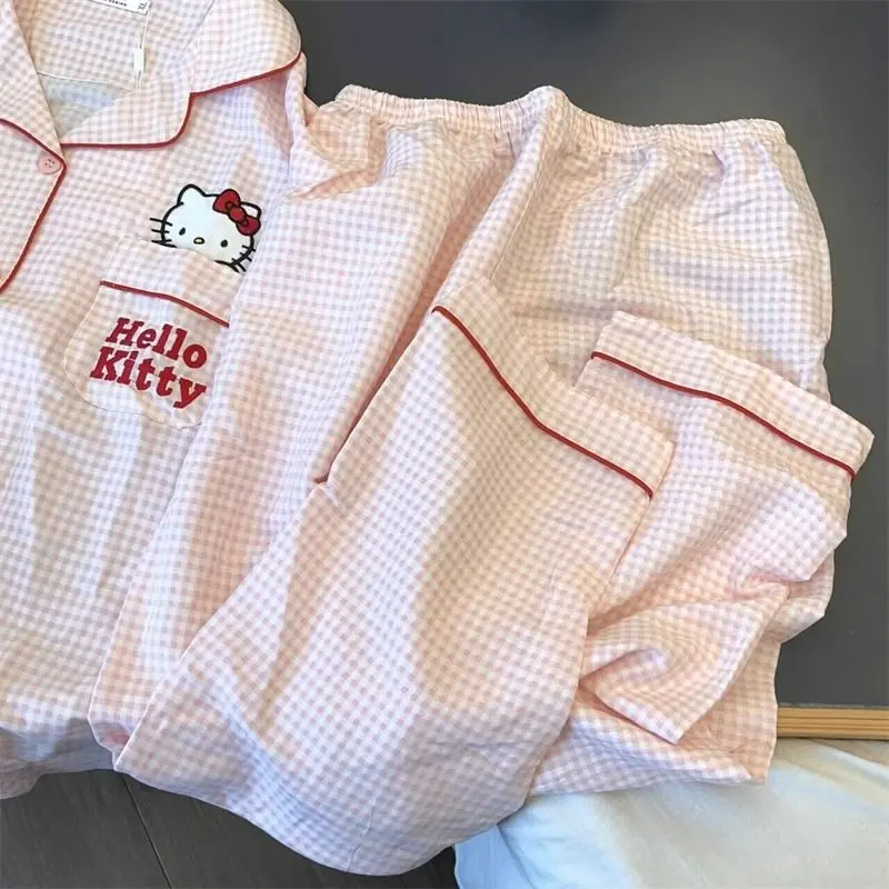 Bộ Đồ Ngủ Hello Kitty, Phong Cách Hàn Quốc, Dễ Thương, Dành Cho Nữ, Bộ Quần Dài Áo Dài Tay Và Quần Dài, Bộ Đồ Mặc Ở Nhà Kẻ Sọc Đơn Giản Nhật Bản, Thích Hợp Cho Mùa Xuân Và Mùa Hè 5