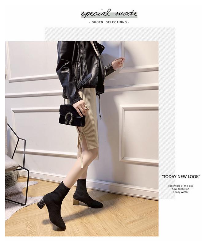 Product Introduction of Women's Boots 2023 Autumn and Winter Women's Shoes All-Match Elastic Booties Women's Chunky Heel Pointed Net Hongfei Woven Boots Women's Wholesale 7