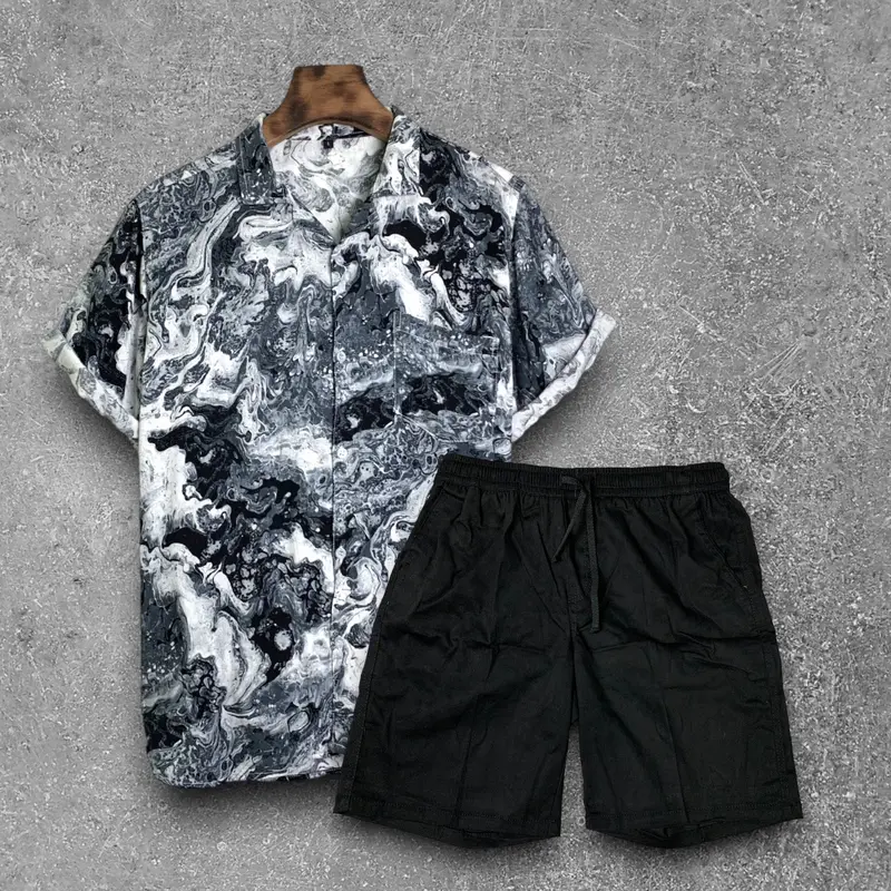 Setelan Baju Kemeja Vintage Dan Boardshort atasan celana Hitam Katun Pendek  Pria  Motif  Keren  Casual  Oversize Panjang Santai Polos 2